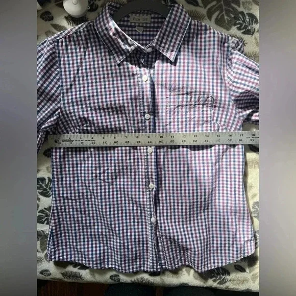 Per Se woman’s plaid button up shirt size medium color white purple and blue - Picture 4 of 5